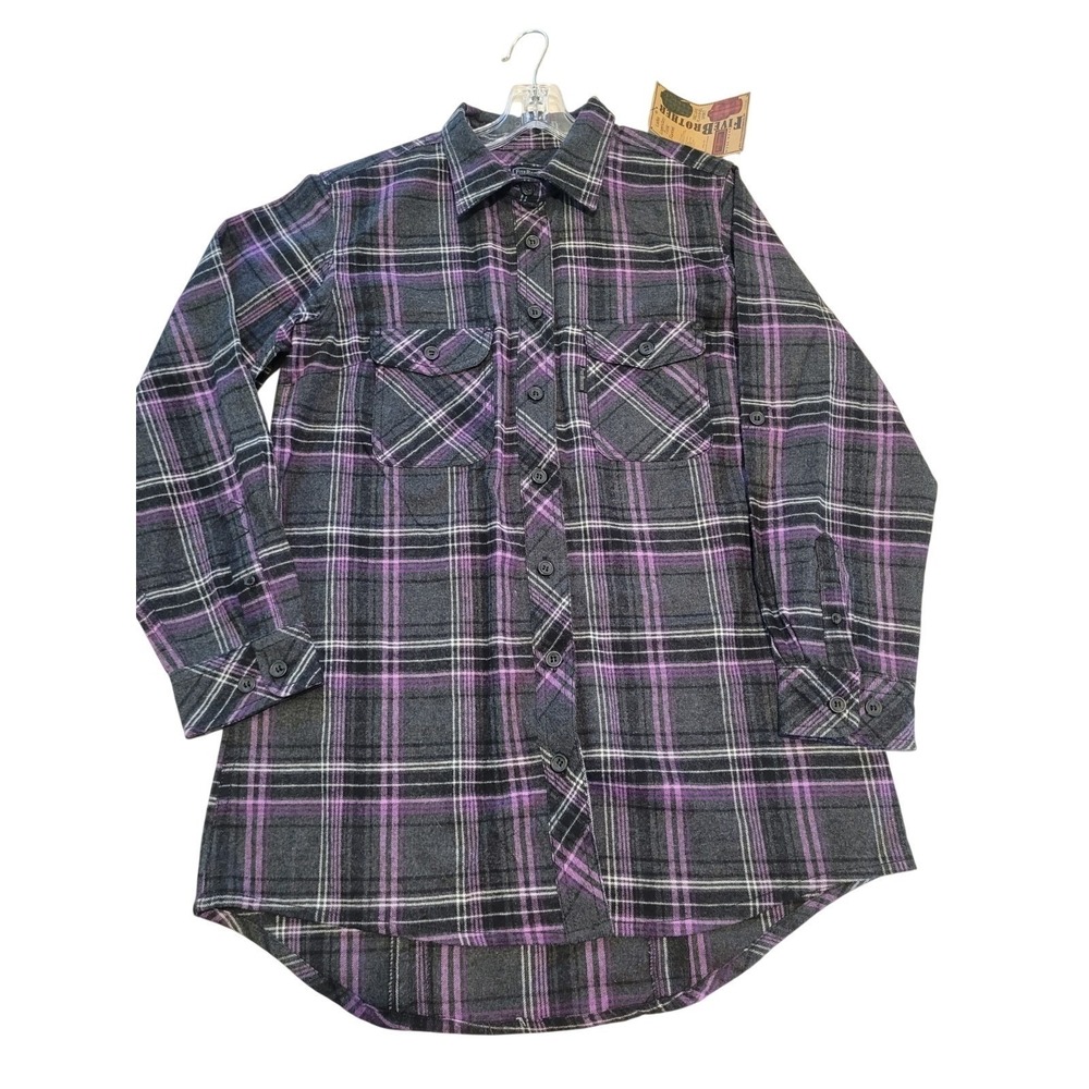 Five Brother Flannel Shirt Women's Medium Plaid Western Purple‎ Gray Long Sleeve
